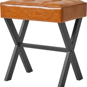 Square PU Upholstered Vanity Stool with X-shaped Support, Multifunctional Household Footrest Side Stool