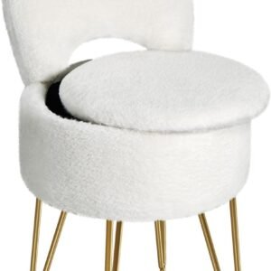 Furry Padded Vanity Stool with Storage & Foldable Backrest, Stable Metal Legs Comfortable Dressing Seat